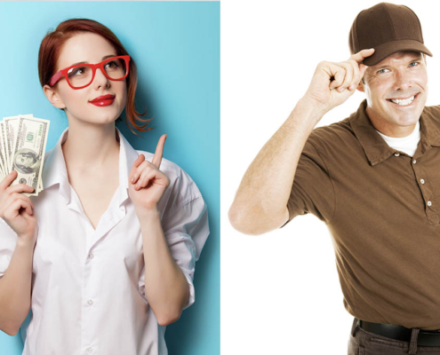 woman holding money and her finger up wondering if she should tip her moving company on the left and a mover on the right