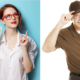 woman holding money and her finger up wondering if she should tip her moving company on the left and a mover on the right