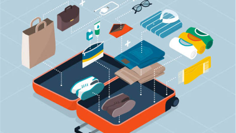 3d infographic showing arrangement of suitcase packing