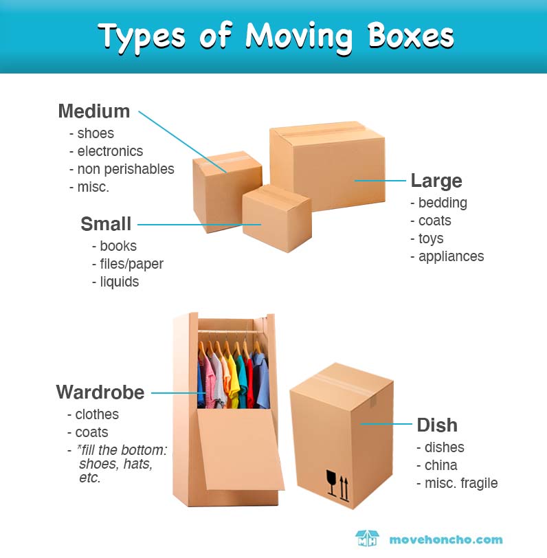 infographic of the 5 main types of moving boxes and what to pack in them