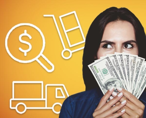 woman holding hundred dollar bills over her face, looking out of the corner of her eye at moving icons, wondering what the cheapest way to move cross country is